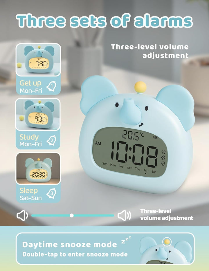 IHALO Elefanten Deko Kinderwecker, Nachttischwecker mit Nachtlicht, Digitales LED-Display, 3,15 Zoll