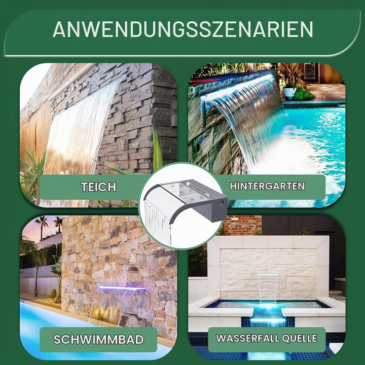 LONGRUNNEW Teich Wasserfallklingen Set, 90 cm Acryl Poolfontäne mit Zubehör, Breite 18 cm Gebogene A