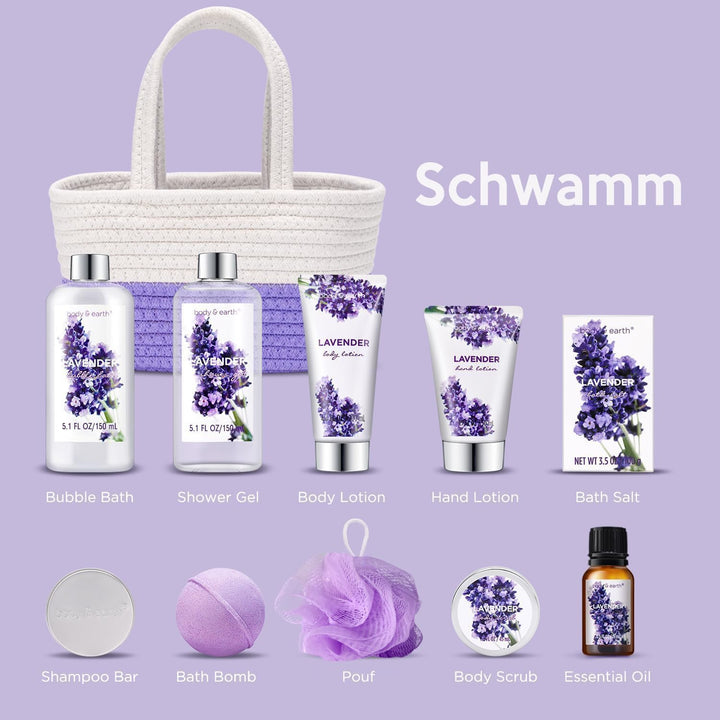 BODY & EARTH Geschenkset für Frauen - 11 tlg. Badeset Geschenke mit Lavendel Duft Produkte, Geschenk