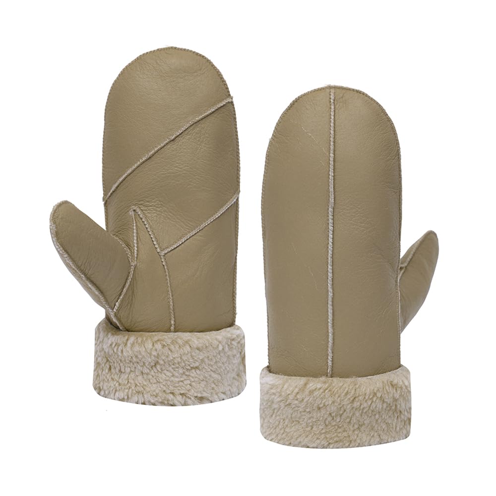 MGGMOKAY Damen Lammfell Shearling Fäustlinge Warme Winter Lederhandschuhe XL Beige, XL Beige