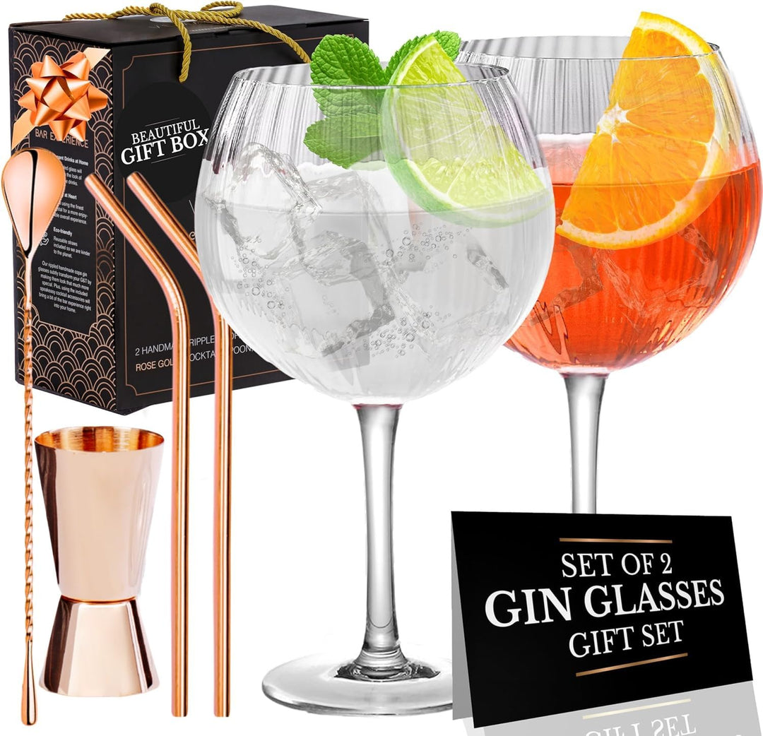 Geriffelte Gin Tonic Gläser Set | 2 Handgefertigte Gin Gläser, Rotgold-Barlöffel, Spirituosen-Messbe