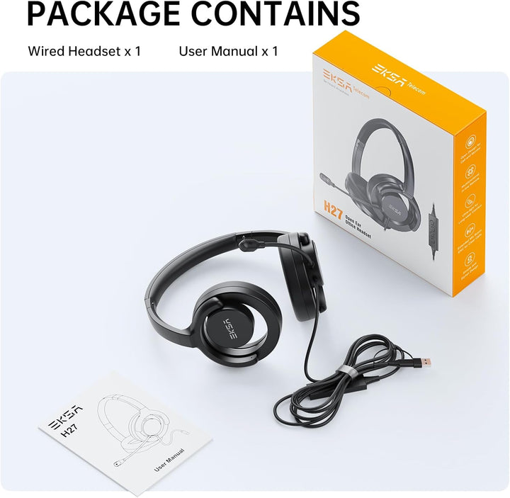 EKSA H27 PC Headset mit Mikrofon, Open-Ear Headset mit Kabel, Headset mit Geräuschunterdrückung, USB