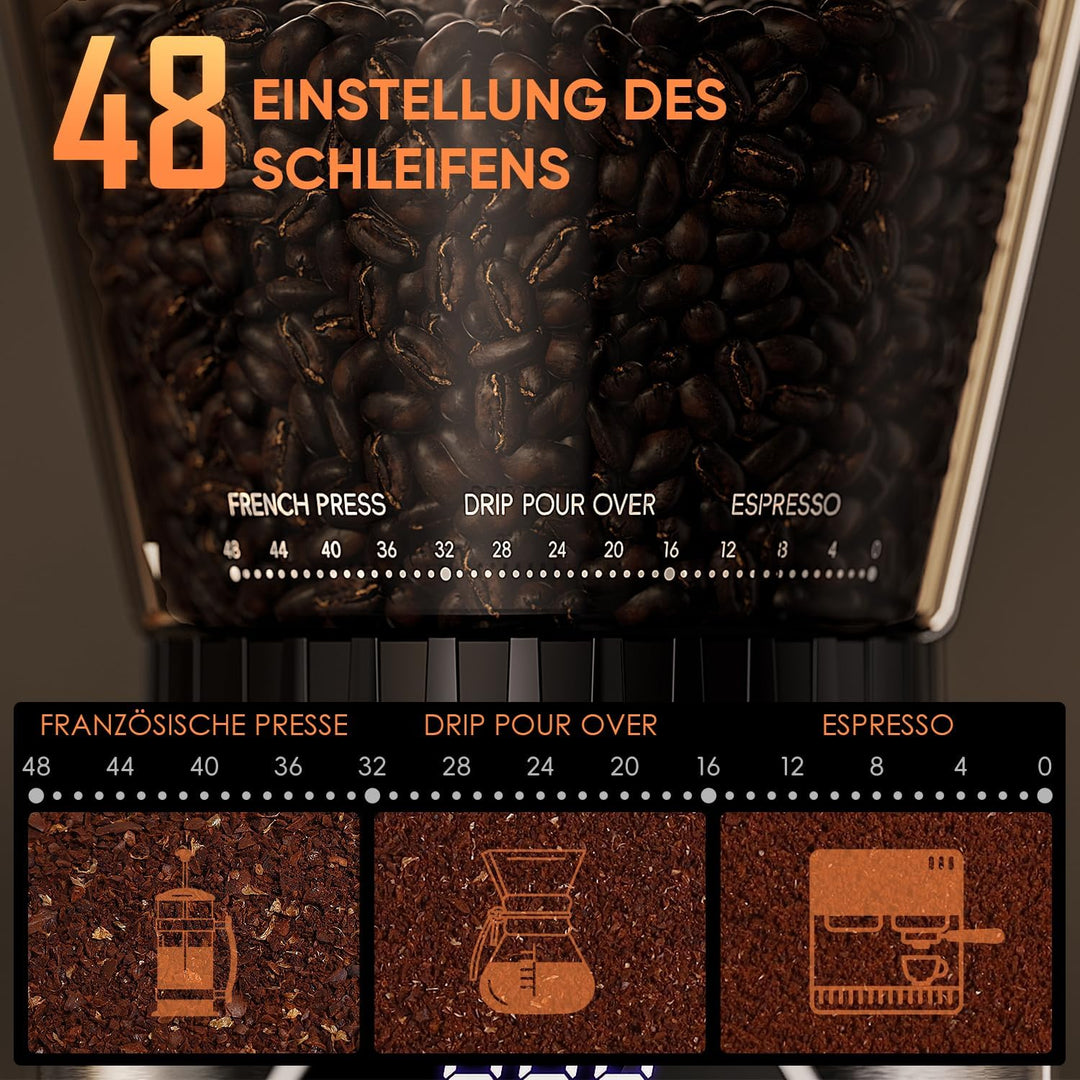 Biolomix Elektrische Kaffeemühle mit abnehmbarem Griffhalter,48 Mahlgradeinstellungen,einstellbar vo