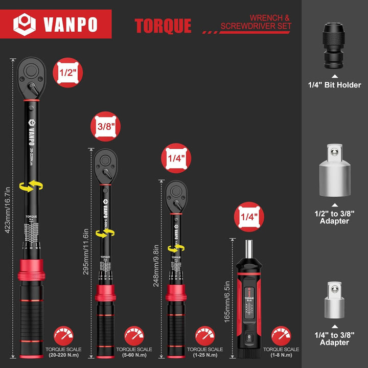 VANPO Drehmomentschlüssel 1/4 3/8 1/2, 7 Teilig Set 1-25Nm 5-60Nm 20-220Nm | Torque Wrench Set mit D