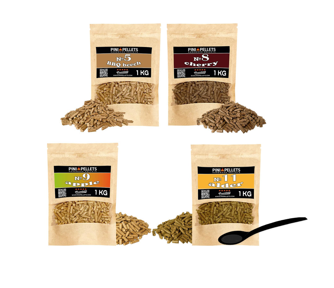 PINI Naturholzpellets Set 4X 1 kg für Smoker Räucherofen Auswahl aus 4 Sorten - Buchenpellets Nr 5,