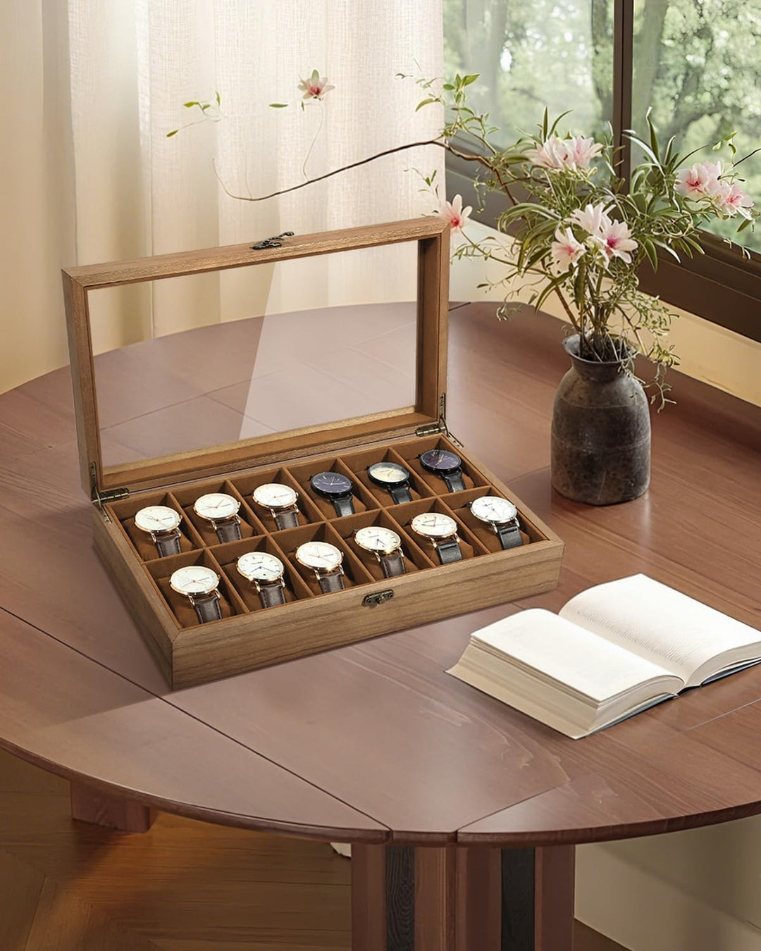 Uten Uhrenbox mit 12 Fächern, Uhrenbox aus Massivholz mit Glasabdeckung, Aufbewahrungsbox für Herren