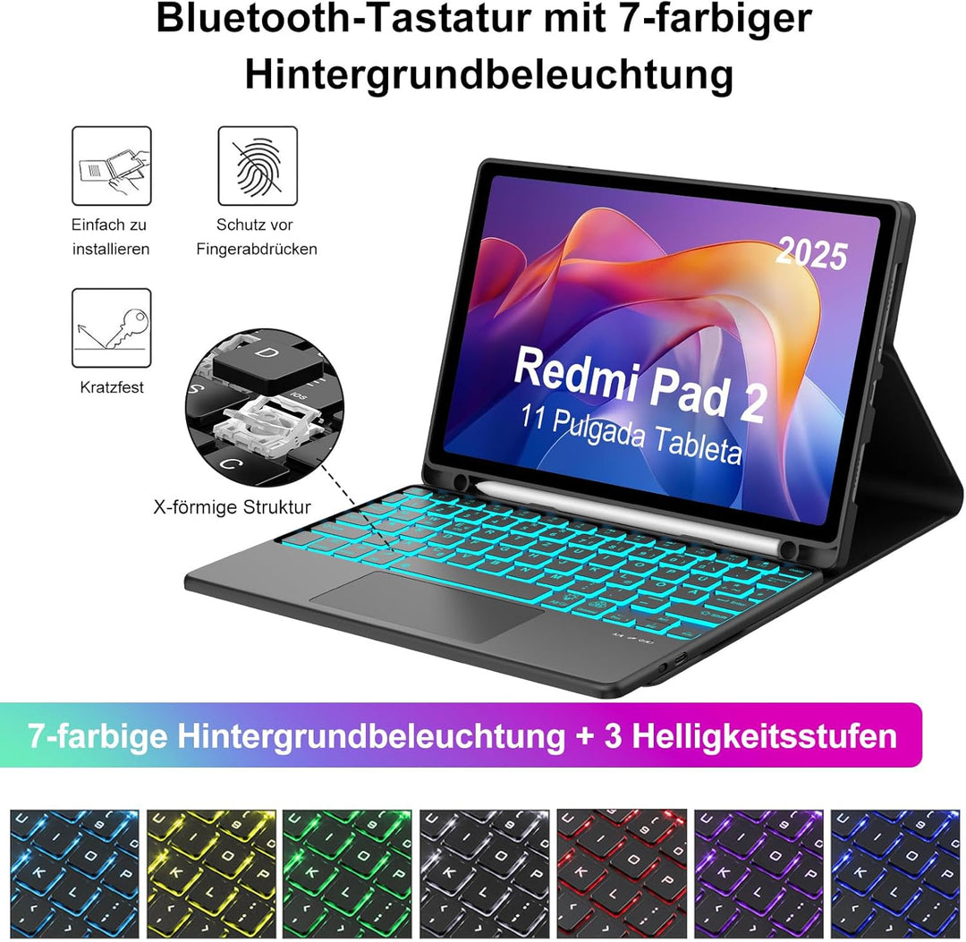 Hülle mit Tastatur für Xiaomi Redmi Pad 2 11 Zoll 2025 mit Trackpad, 7 Farben Beleuchtung, Magnetisc