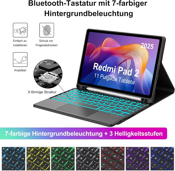 Hülle mit Tastatur für Xiaomi Redmi Pad 2 11 Zoll 2025 mit Trackpad, 7 Farben Beleuchtung, Magnetisc