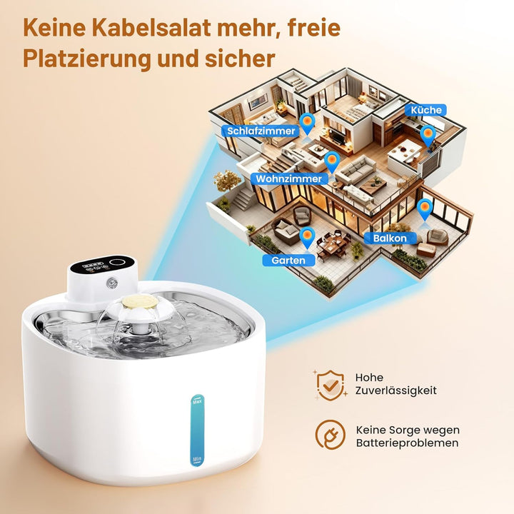 Katzenbrunnen, 2.6L Trinkbrunnen für Katze mit 4 Filter, Leise Katzenbrunnen Kabellos mit Bewegungsm