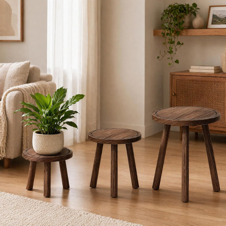 Blumenständer Holz 3er-Set, Pflanzenhocker, Pflanzenständer für den Innenbereich, Blumenhocker Hocke