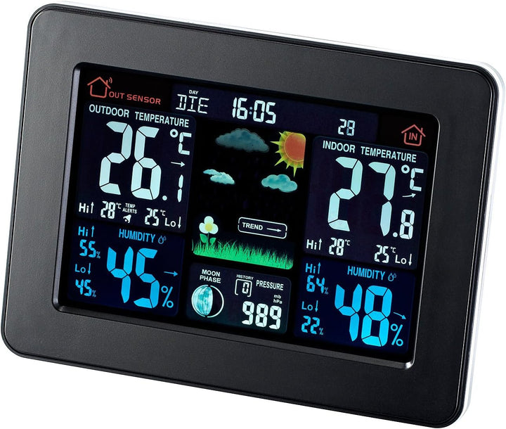 infactory Wetterstation farbig: Wetterstation mit Farb-Display, Funk-Aussensensor, DCF-Funk-Zeitanze