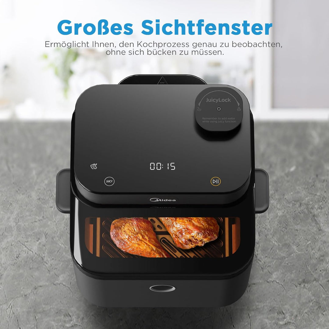 Midea DualTaste Heissluftfritteuse 7L,Airfryer xxl mit Sichtfenster,Modi saftige & knusprige,8 Progr