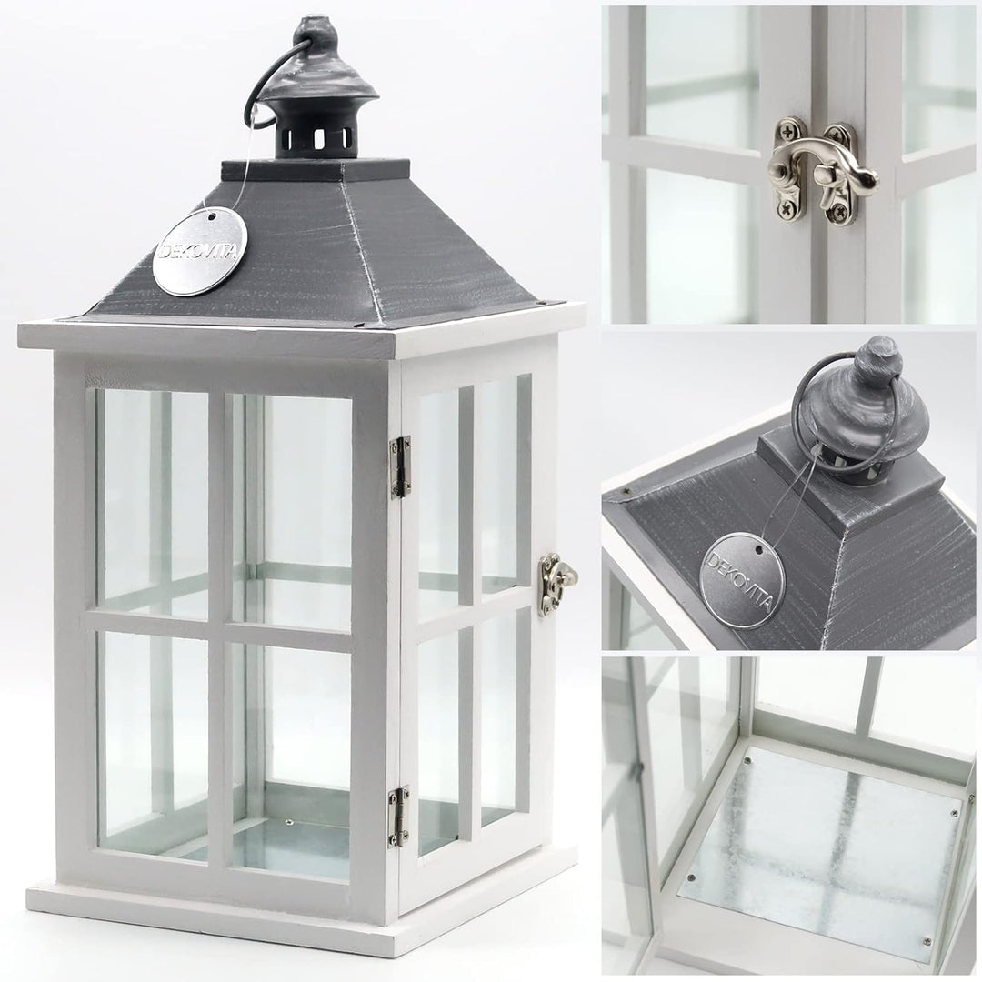 Dekovita 2er-Set Gartenlaterne 27cm/40cm - Holz-Laternen in Weiss mit Glas-Scheiben Henkel Deko-Late