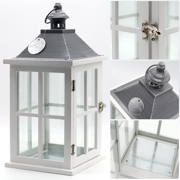 Dekovita 2er-Set Gartenlaterne 27cm/40cm - Holz-Laternen in Weiss mit Glas-Scheiben Henkel Deko-Late