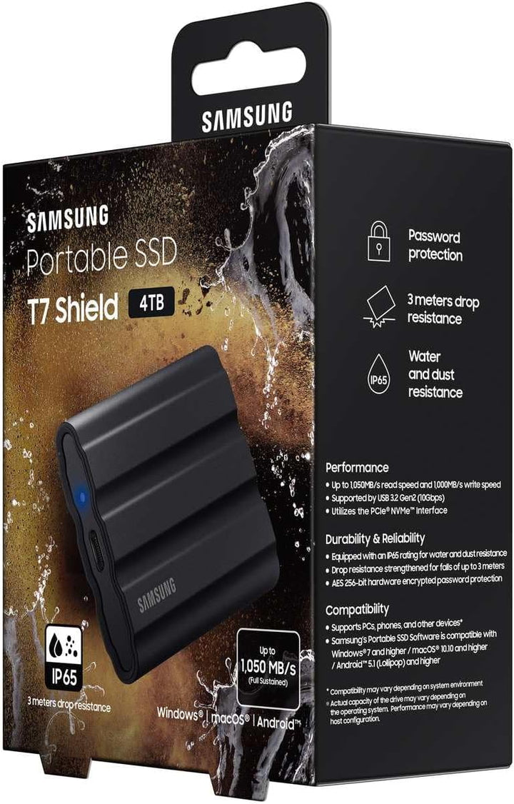 Samsung Portable SSD T7 Shield, 4 TB, USB 3.2 Gen.2, 1.050 MB/s Lesen, 1.000 MB/s Schreiben, Robuste