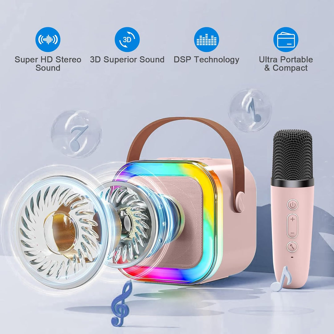 Mini Karaoke Maschine mit 2 Drahtlosen Mikrofonen, Karaoke Maschine Kinder, tragbarer Bluetooth-Laut