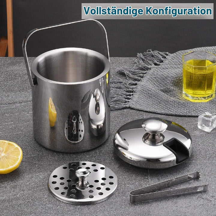 Emsmil 2.2L Eiseimer mit Deckel Zange und Sieb Eiskübel Edelstahl Eisbehälter Sektkühler Eiswürfelbe