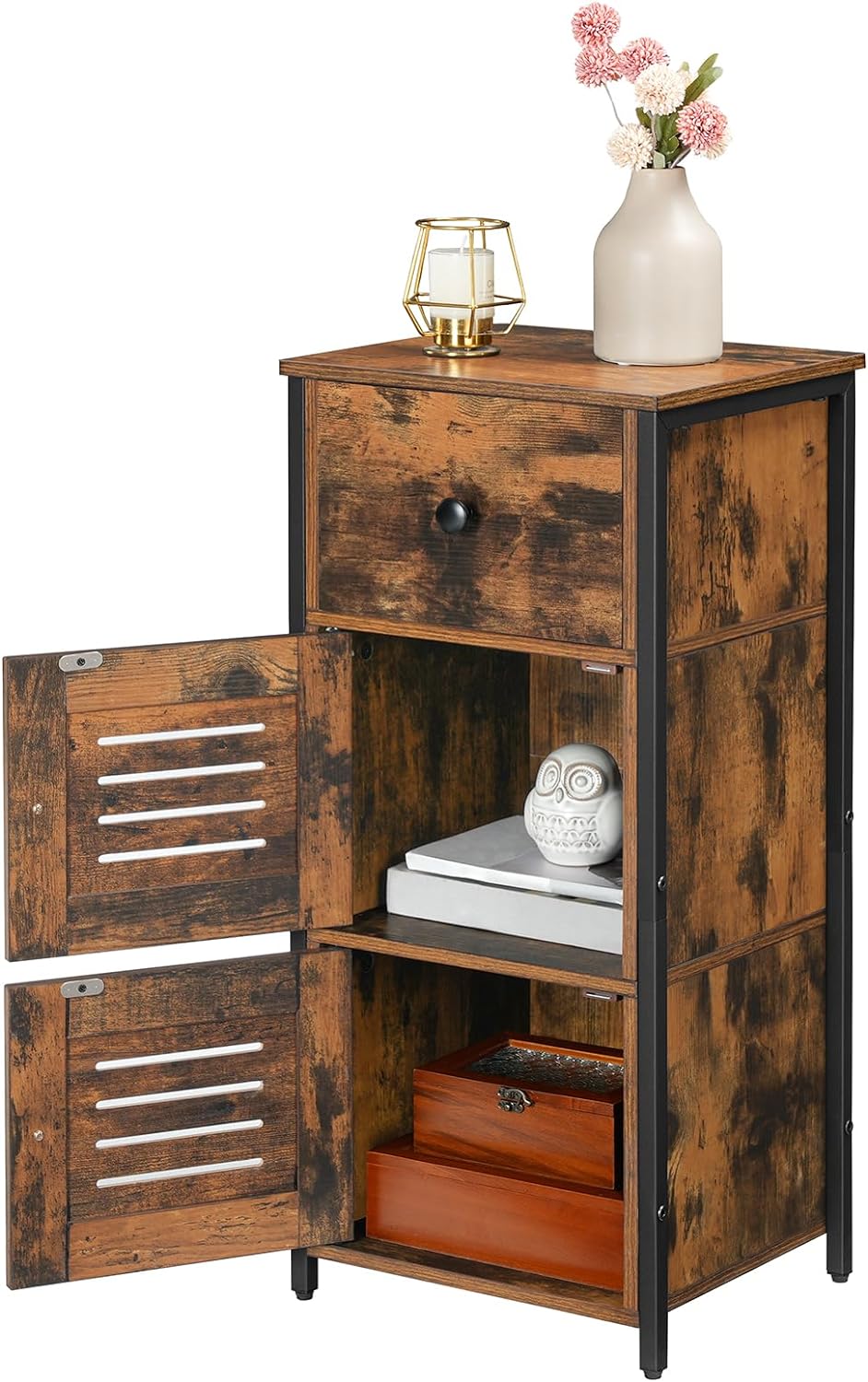 HOOBRO Kommode Schrank Vintage, Beistellschrank mit Schublade, Schmaler Schrank, Verstellbaren Ablag