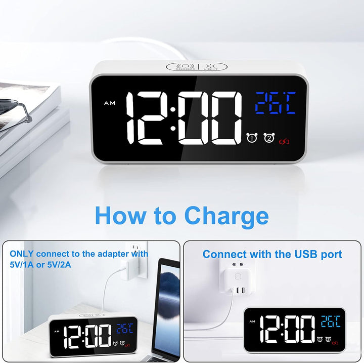 CHEREEKI Digitaler Wecker, LED Digitaluhr mit Temperaturanzeige Tragbarer Spiegelalarm Tischuhr mit