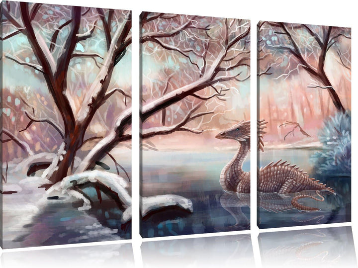 Pixxprint Drache im schneebedeckten Wald als Leinwandbild - Grösse: 3-Teilig (120x80cm) - Wandbild -