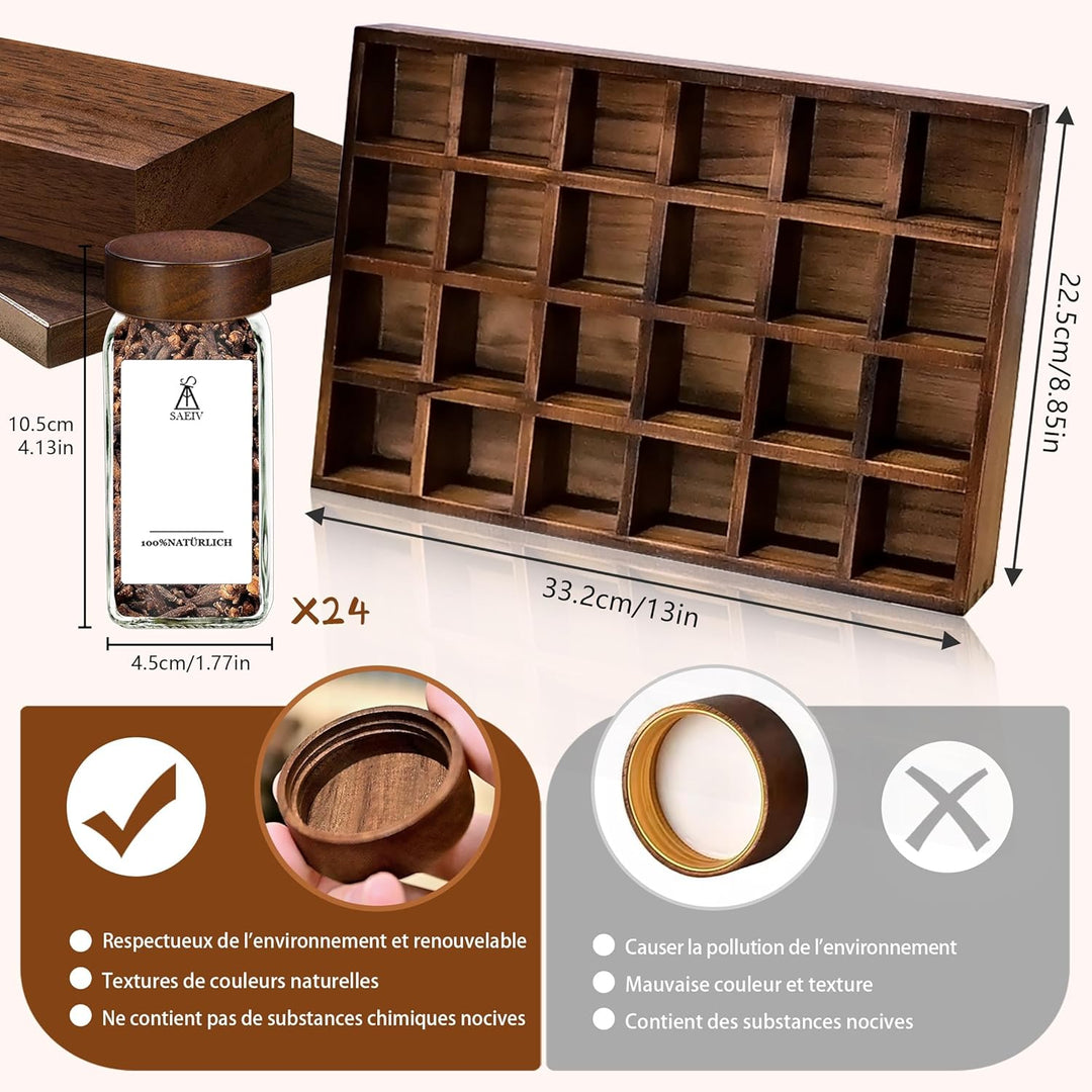 SAEIV Umweltfreundliches Akazien-Gewürzregal Holz mit 24 Fächern | 24 120ml-Gewürzgläser Drawer Orga