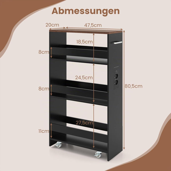 COSTWAY Nischenwagen 20cm breit, 4 Etagen Küchenwagen schmal mit Ladestation, Nischenregal auf Rolle