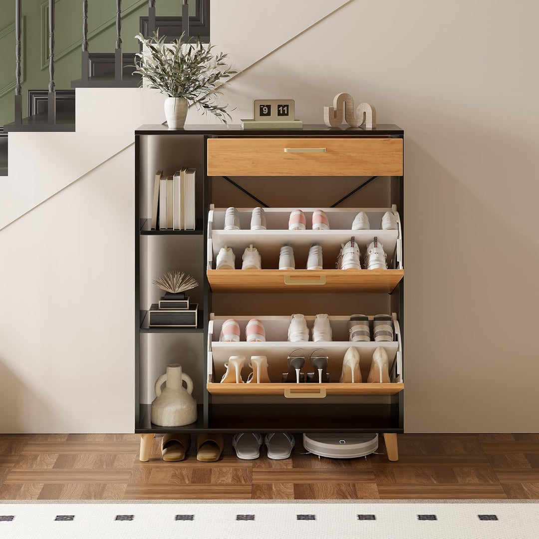 Schuhschrank mit 2 Klappen Schmal Schuhschrank mit 2 Flip-Schuhregal 1 Schublade und 3 Ablagefächer