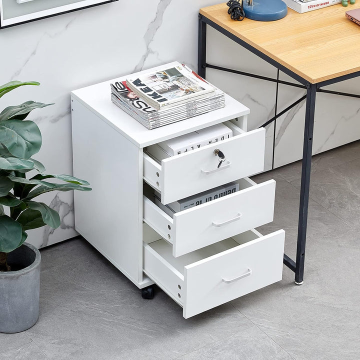 CLIPOP Rollcontainer Abschliessbare mit 3 Schubladen,Weiss Holz | Mobiler Aktenschrank Büroschrank m