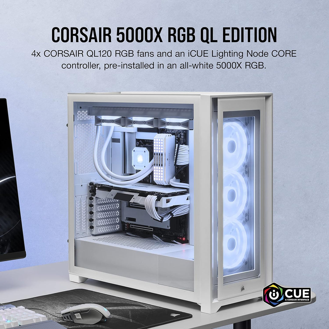Corsair iCUE 5000X RGB QL-Edition Miditower Gehäuse (Vier CORSAIR QL120 RGB-Lüfter, CORSAIR iCUE Lig