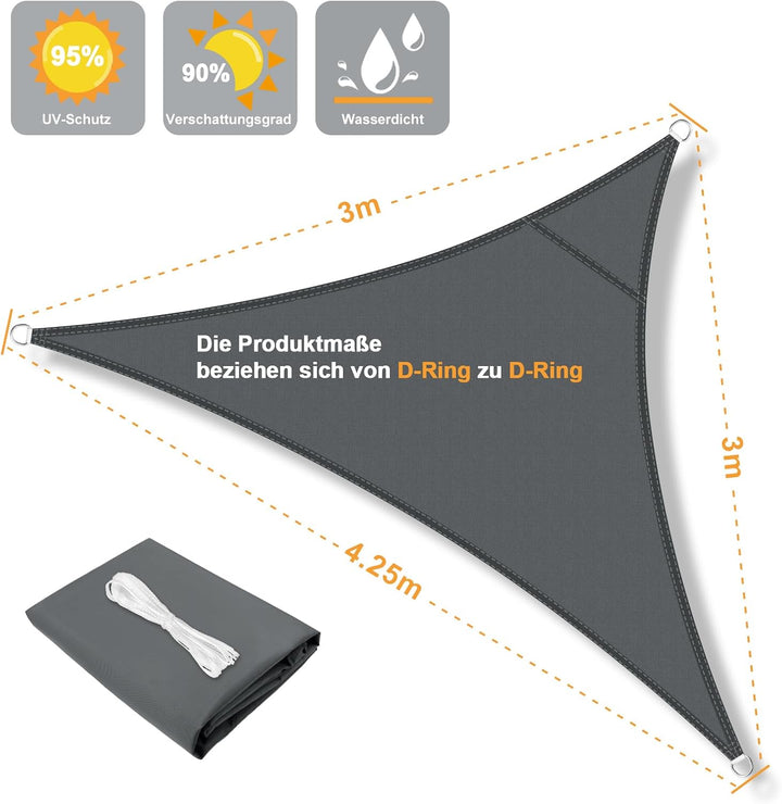 LOVE STORY Sonnensegel Wasserdicht 3x3x4.25m Dreieckig Rechtwinklig PES Polyester Sonnenschutz Winds