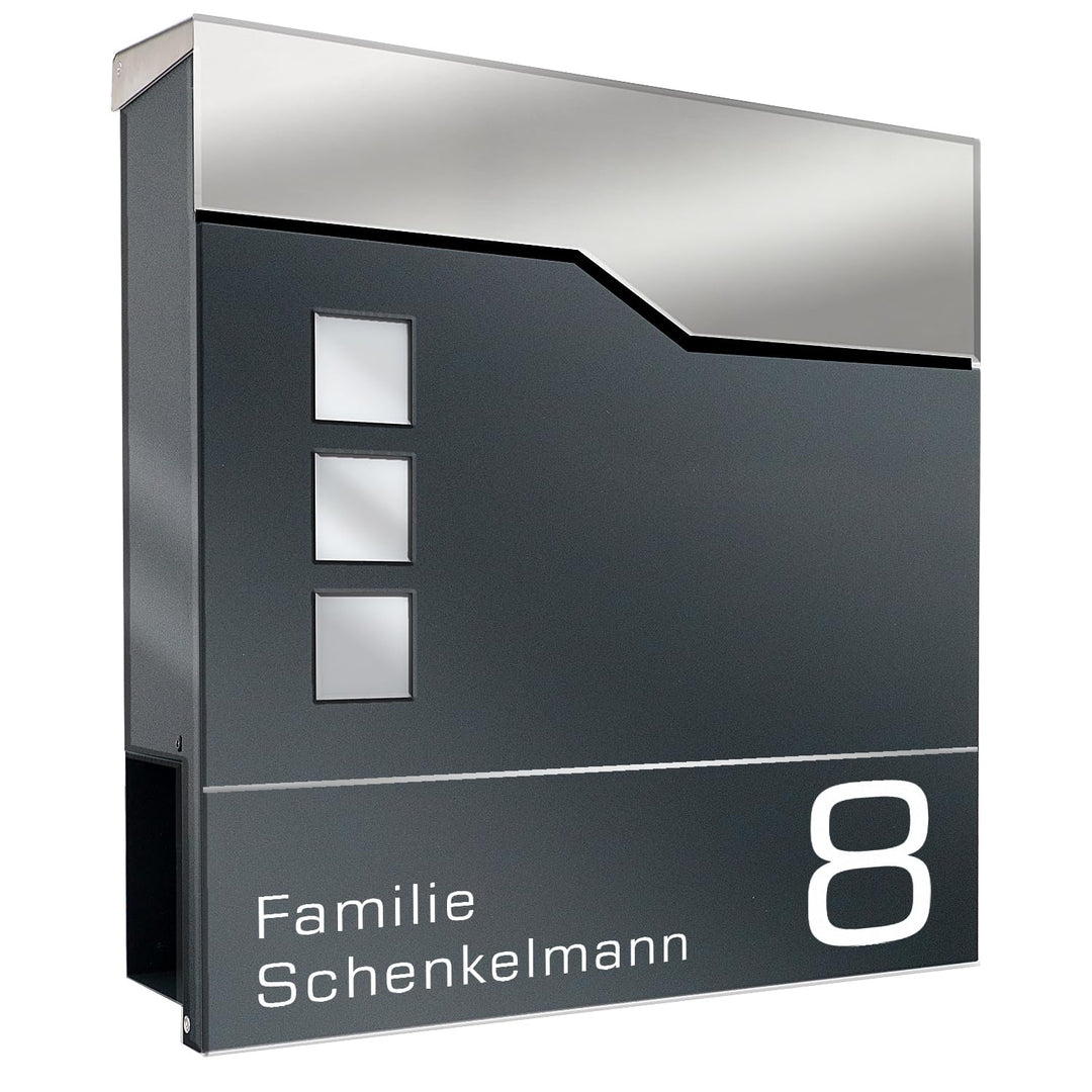 Zalafino Briefkasten mit Name und Hausnummer in anthrazit – individualisierbarer Design-Briefkasten