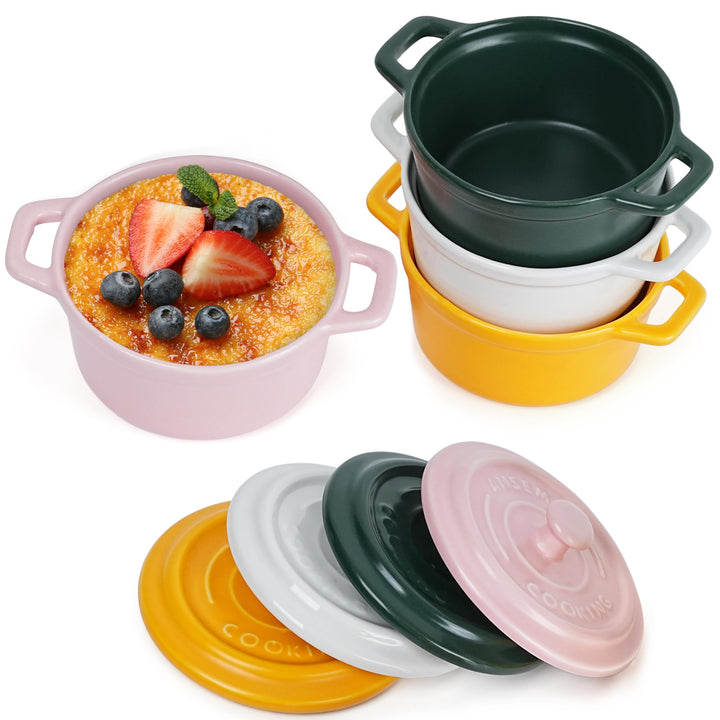 Winter Shore 270 ml Porzellan-Auflaufform Klein mit Griffen & Deckel [4er-Pack] - Souffle Förmchen B