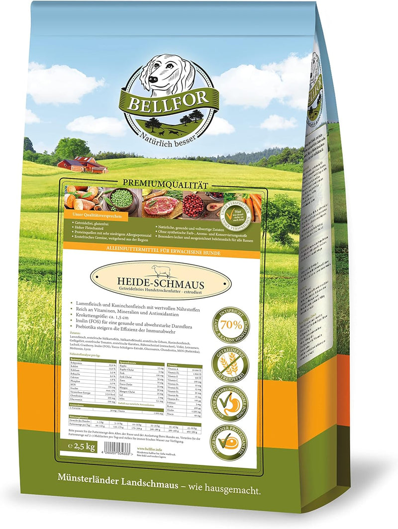 Bellfor Sparset Heide-Schmaus Getreide und Glutenfreies Hundefutter 2,5 kg Kausnacks 100 g Diät für