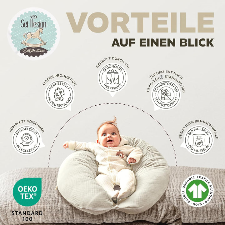 sei Design Stillkissen XXL Mikroperlen-Füllung mit Musselin-Bezug aus Baumwolle [100% Bio-Baumwolle