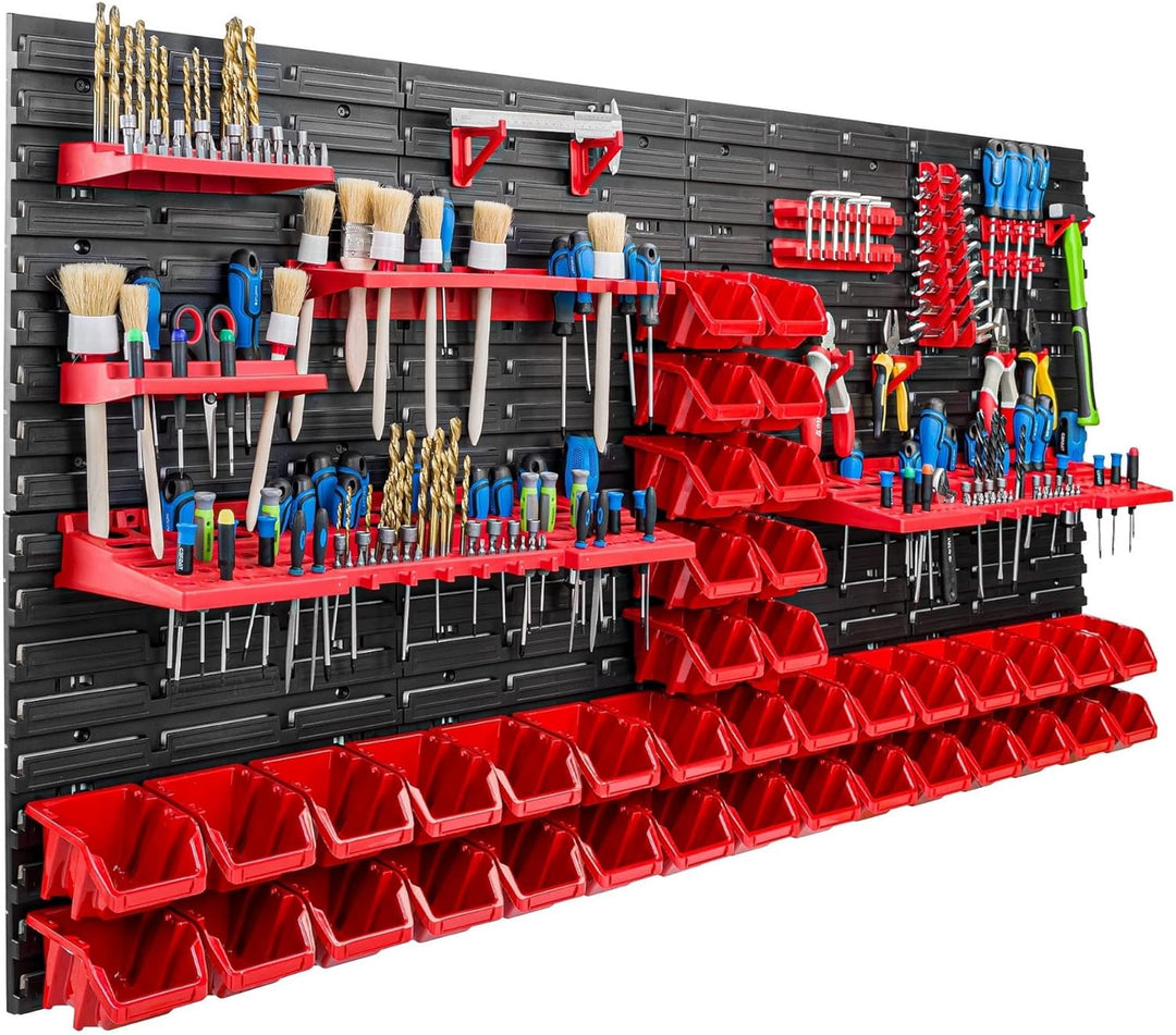 Lagersystem Werkstattregal | 156 x 78 cm | 40 stck. Box | Wandregal mit Werkzeughalterungen und Stap