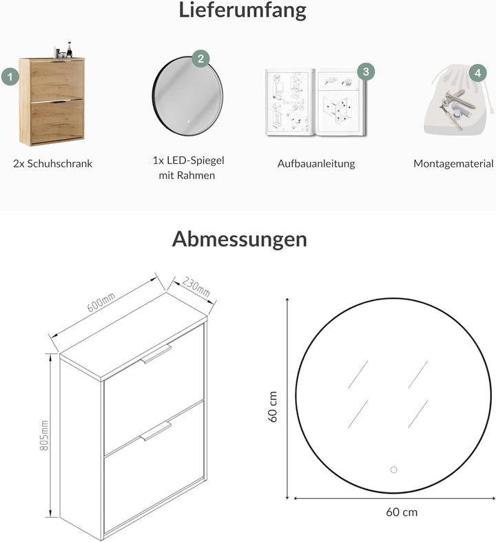 Planetmöbel 2 x Schuhschrank schmal inkl. runder Spiegel mit Beleuchtung 60 cm (3 Lichtstufen) Schuh
