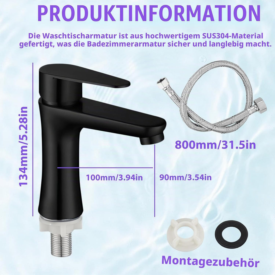Edelstahl Badezimmer Wasserhahn Mit 80 cm Anschlussschlauch - Waschbecken Kaltwasserhahn Für Gäste W