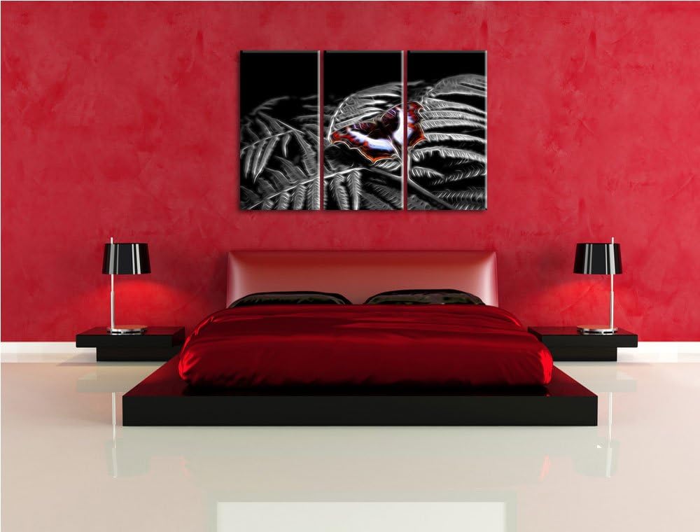 Dark zarter kleiner Schmetterling auf Farnblatt schwarz/weiss Spezial 3-Teiler Leinwandbild 120x80 B