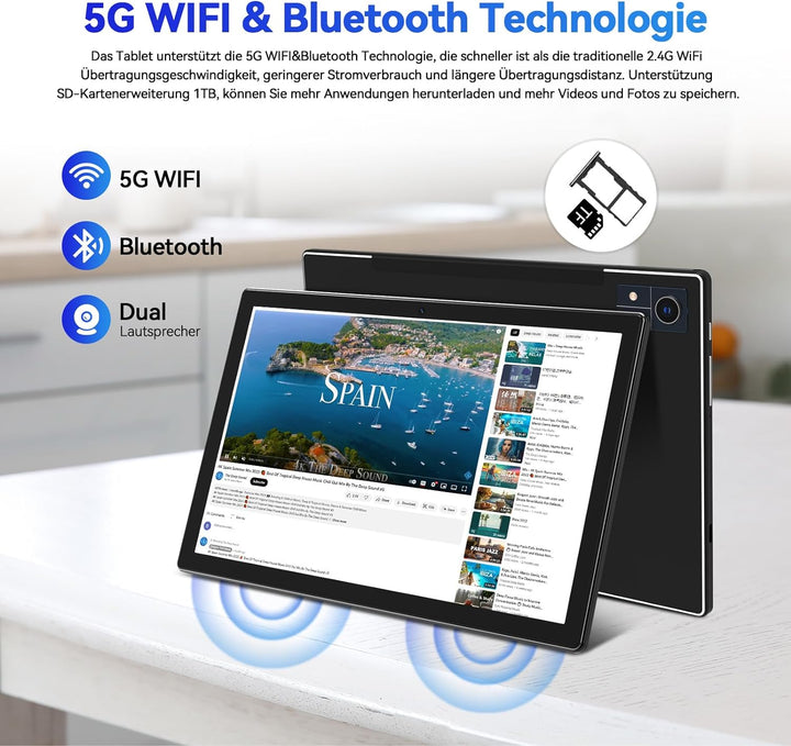 2024 Neueste Tablet 10 Zoll,5G Wifi Android 12 Tablet Mit 16GB RAM+128GB ROM(1TB TF),2-in-1 Tablet M
