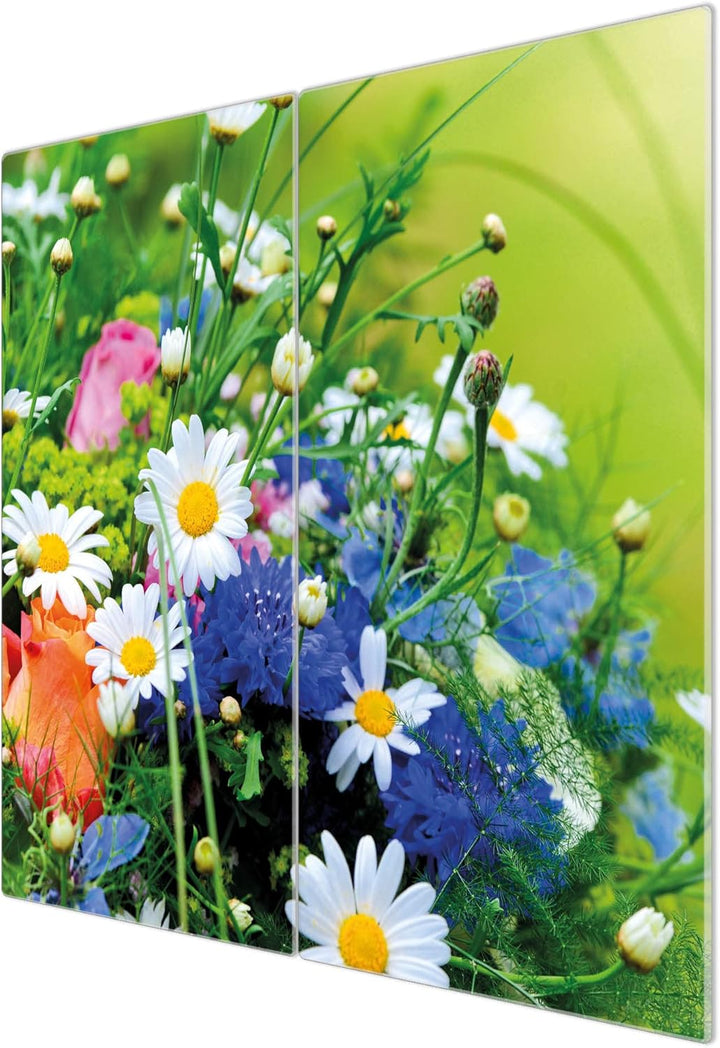 banjado® Herdabdeckplatte Glas 2-teilig je 30x52 cm/Schneidebrett Herdabdeckung mit Motiv Blumenstra