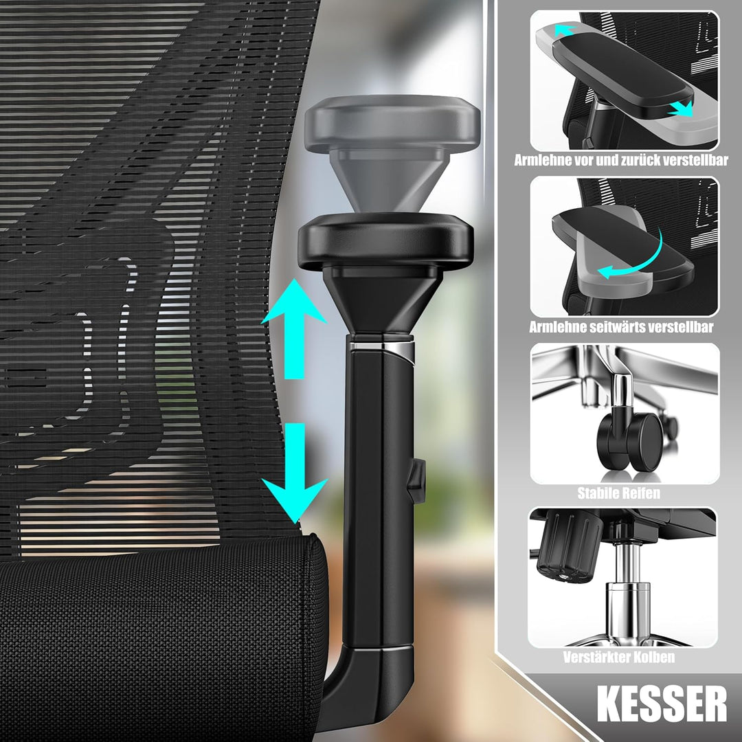 KESSER® Bürostuhl Ergonomisch mit verstellbaren Armlehnen | Drehstuhl mit Lendenwirbelstütze Rückens