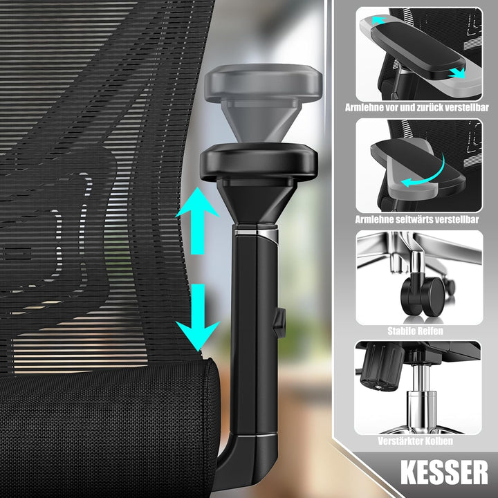 KESSER® Bürostuhl Ergonomisch mit verstellbaren Armlehnen | Drehstuhl mit Lendenwirbelstütze Rückens