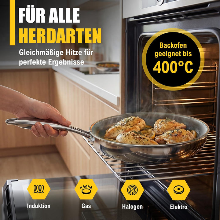 Edelstahlpfanne 32 cm Induktion unbeschichtet Bratpfanne ohne PFAS | Stainless Steel Pan mit hohem R