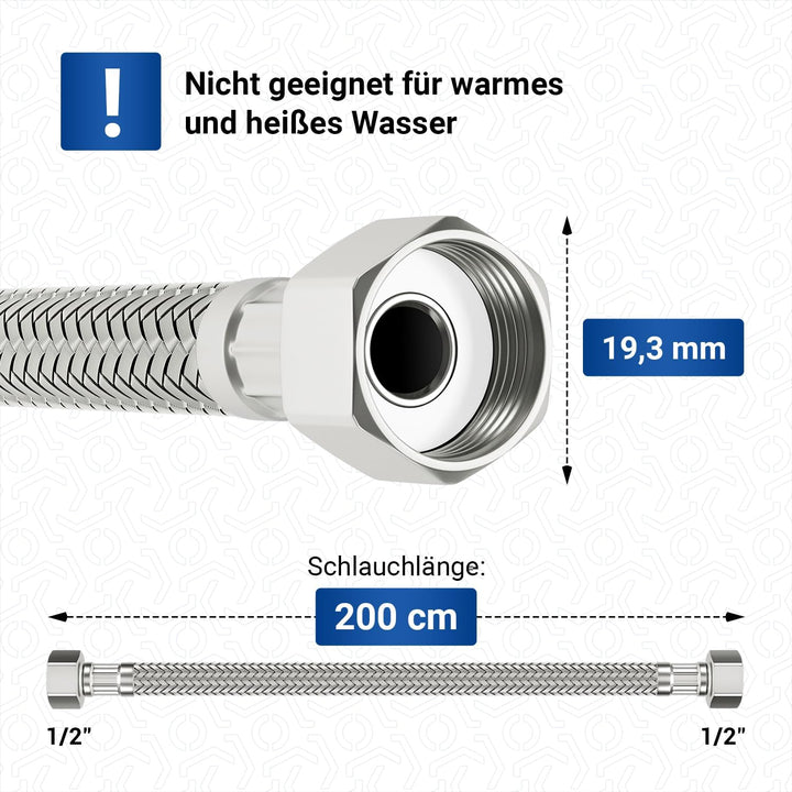 VIOKS Panzerschlauch 1/2 Zoll (19,3mm) 200 cm mit 1/2 Überwurf Beidseitig - Flexschlauch 1/2 Zoll ,