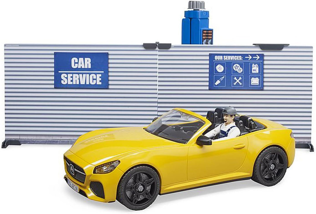 bruder 62110 - Bworld PKW-Werkstatt inklusive Roadster - 1:16 Auto-Werkstatt Mechaniker Spielzeug-Fi