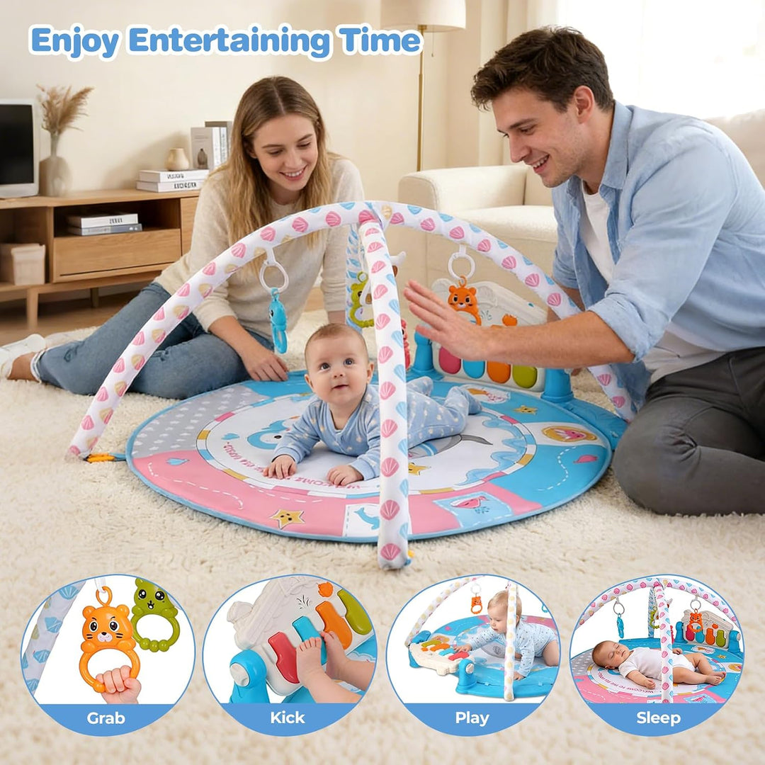 Baby-Spielmatte, Baby-Spielbogen mit Rassel, Klavier und Spiegel, Boden-Spielmatte (100 cm Durchmess