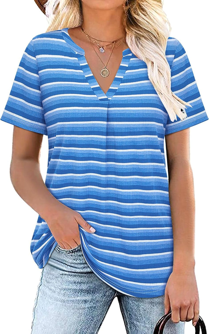 Siddhe Damen Bluse Kurzarm T-Shirts V-Ausschnitt Elegant Lässig Tunika Oberteil Locker Longshirt, M