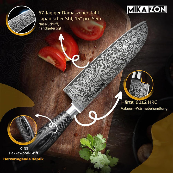 Damast Santoku - Japanisches 17.8 cm Allzweck-Küchenmesser mit 67-lagiger Stahlkonstruktion und Pakk