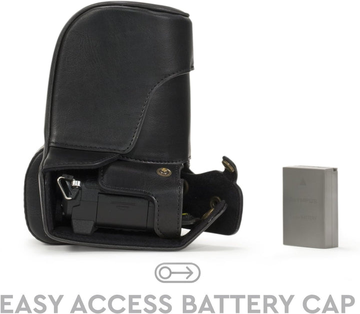 MegaGear Olympus OM-D E-M5 Mark II 12-40mm Ever Ready Leder Kamera-Case mit Trageriemen und Batterie