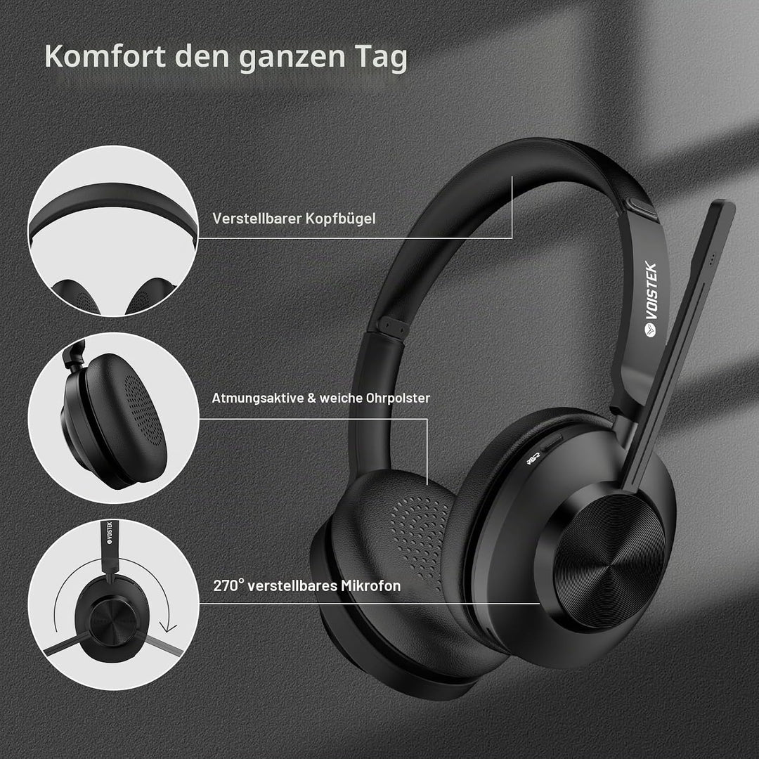 Voistek Headset mit Mikrofon Bluetooth &amp; USB Dongle, 50Std. Akku, On Ear Wireless Headset mit Mikrof